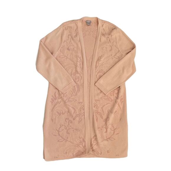 Chico's Petal/Blush Pink Long Open Cardigan, Duster Floral Jacquard Tapestry L - Picture 6 of 15